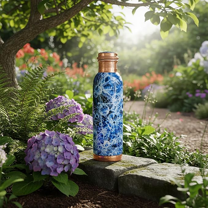 Pure Printed Copper Water Bottle 32 oz - Leak Proof Ayurvedic Drinkware Copper Vessel for Sports, Gym, Outdoors, Yoga, Health Benefits