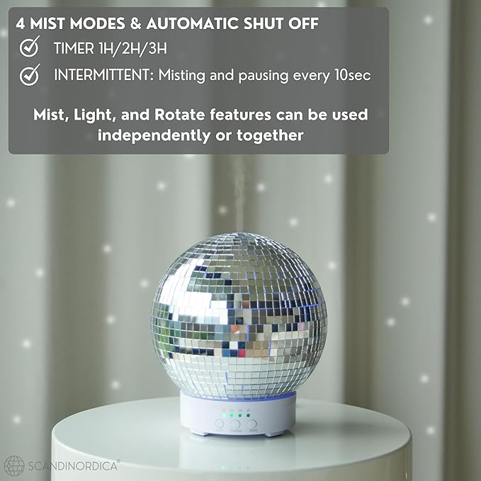 SCANDINORDICA Disco Ball Diffuser Rotating - 300ML Essential Oil Diffuser with Whisper Quiet Operation, 7 Color Night Light & 4 Time Settings | Aromatherapy Diffuser for Large Room Silver