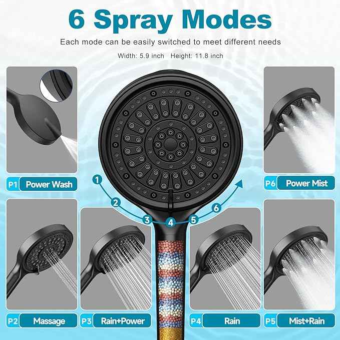 Handheld Filtered Shower Head, 6 Inch High Pressure Hand held Shower Head with Filters for Hard Water, 6 Spray Modes Detachable Showerhead with Hose, Matte Black