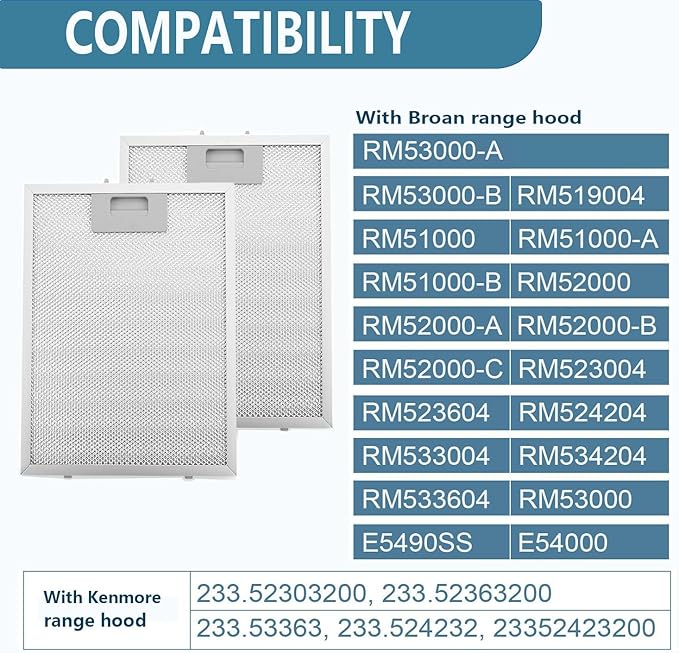 2 Pack SB08087294 Range Hood Filter 11.75"x 9.40" Compatible with For Broan Kenmore range hoods, Range Hood Aluminum Grease Filter, Replaces AP5614116 B08087294 RM523004 1373064 - AquaVibe