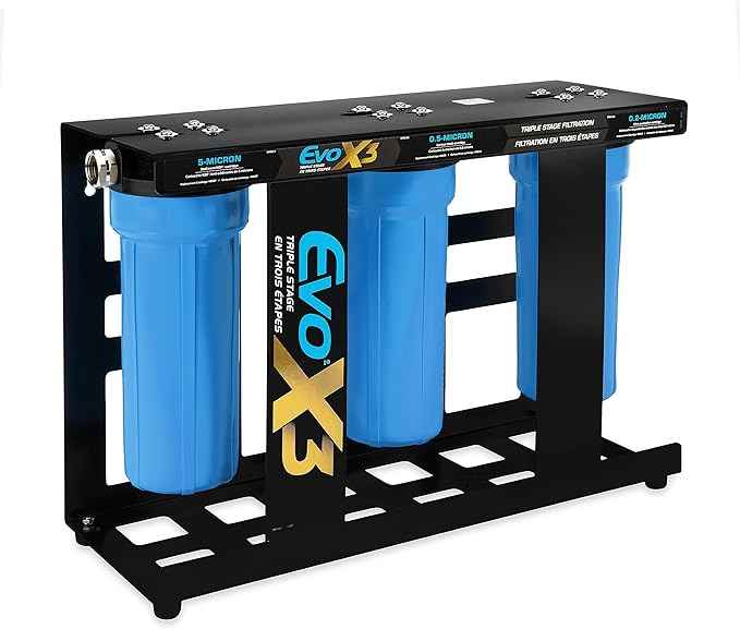 Camco Evo X3 Triple Stage Premium Camper/RV Water Filter Kit | Features 3 Replaceable Cartridges to Remove Sediments, Chlorine, Bad Tastes, Odors, Viruses, Bacteria, Contaminates, and More (40649)