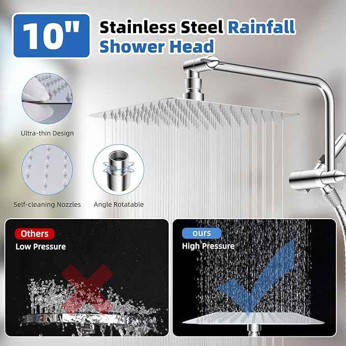 All Metal Shower Head, 10" High Pressure Rainfall/Handheld Shower Combo with 11" Extension Arm, 10-Spray Handheld Showerhead, 71" Long Hose, 3-Way Diverter Valve, Chrome