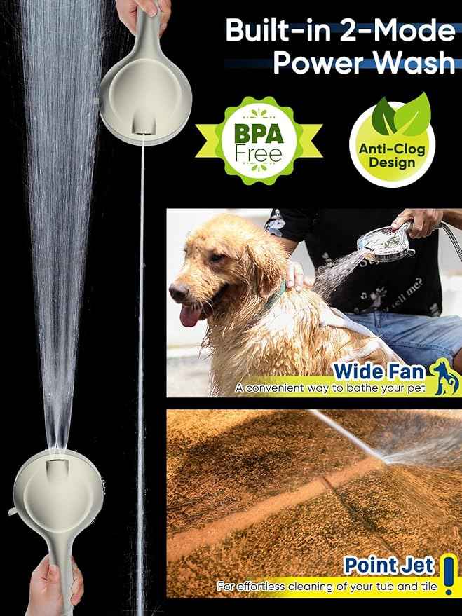 Pavezo® High Pressure Shower Head Handheld 5" Large, 10-mode Portable Detachable Shower Head with Hard Water Filter, Extra Long 60" SS Hose, Anti-clog & Powerful to Clean Tile & Pets, Brushed Nickel