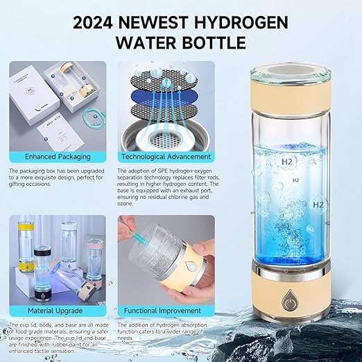 Hydrohealth Hydroh Hydrogen Water Bottle Generator, Portable and Rechargeable Hydro Health Hydrogen Water Bottle Glass with SPE Pem Technology,3 Min 4100 PPB Pure Hydrogen Rich Concentration