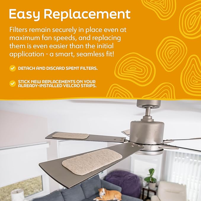 Pet Fresh Ceiling Fan Filters | Made with Zeolite to Trap Pet Odors, Dander & Dust | Unscented Fan Blade Filter, Fits All Ceiling Fans (5-Pack)