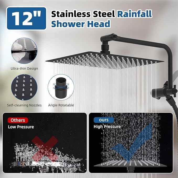 12" All Metal Shower Head, High Pressure Rainfall Shower Head/Handheld Showerhead Combo with 11" Adjustable Shower Extension Arm, 71" Hose, Shower Head Holder, Matte Black