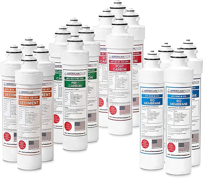 American Filter Company® Model # AFC-B4W-CMB 4-Stage Water Filters Replacement Kit Compatible with Brio NFMPP5M, NFMGAC, NFMCTO5MS2, NFMCTO5MS3, NFMCTO5MS4, UV Water Cooler 16Pk