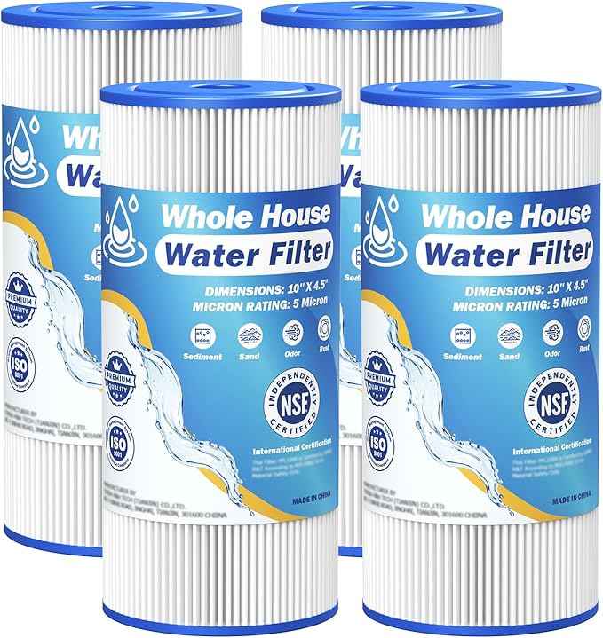 5 Micron 10" x 4.5" Whole House Water Filter Compatible with GE FXHSC, GXWH40L, Plumber W50PEHD, Culligan R50-BBSA, Pentek R50-BB, W10-PR, DuPont WFHDC3001, W50PEHD, High Flow Sediment Filters, 4 Pack