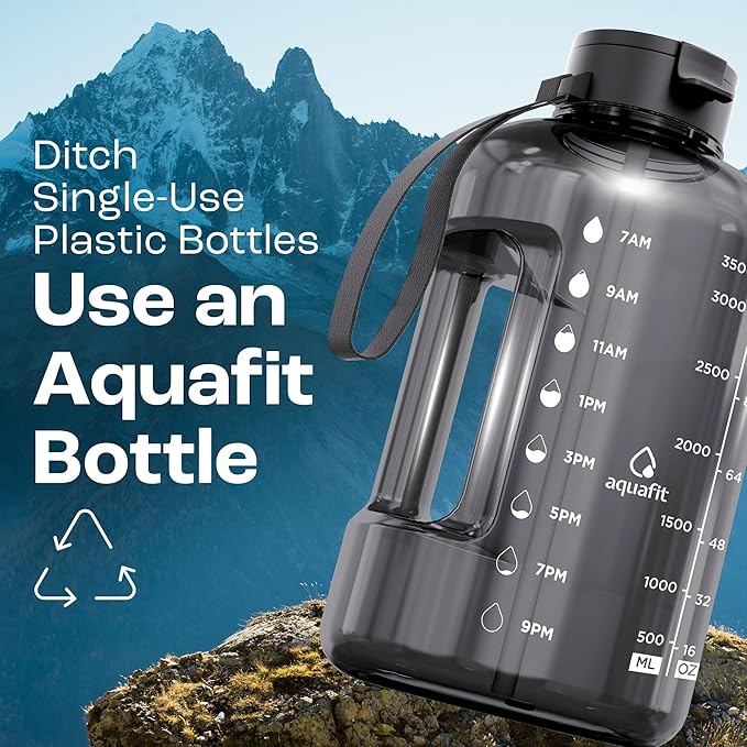 AQUAFIT 1 Gallon Water Bottle with Time Marker - Straw & Chug Lid - BPA Free Gym Water Bottle with Straw - Big Gallon Jug (Frosty, 128 oz - 2 Lids)