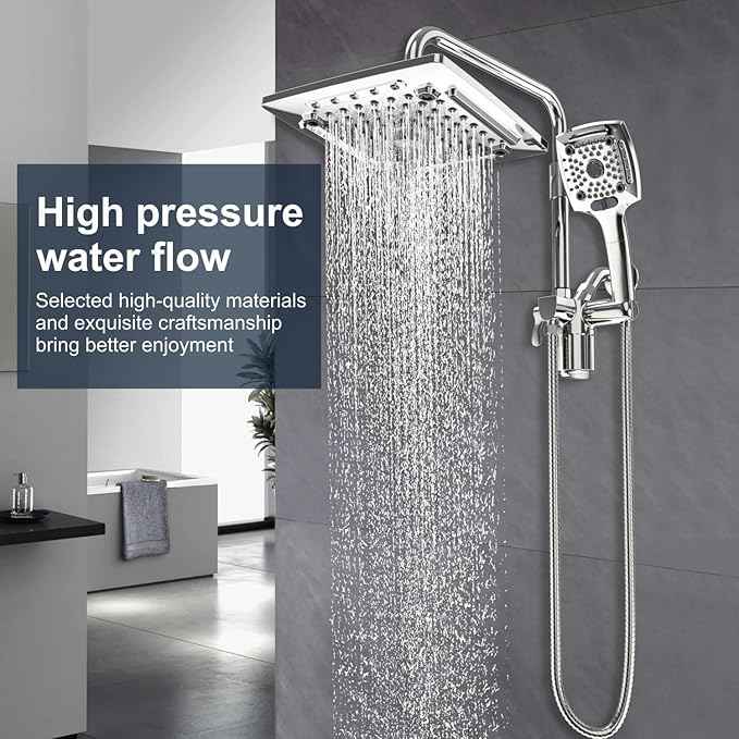 ELLO&ALLO Filtered Rain Shower Head with Handheld Spray, Rainfall Shower Head Combo with 59" Hose, Dual Showerhead Set with Adjustable Shower Extension Arm, Chrome
