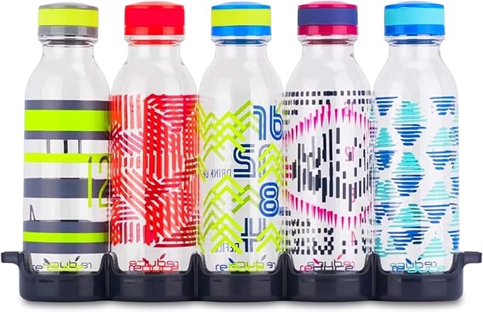 REDUCE WaterWeek Reusable Water Bottle Set, 20oz - Plastic Reusable Water Bottle Set of 5, Plus Fridge Tray - BPA-Free, Leak Proof Twist Off Cap - Score