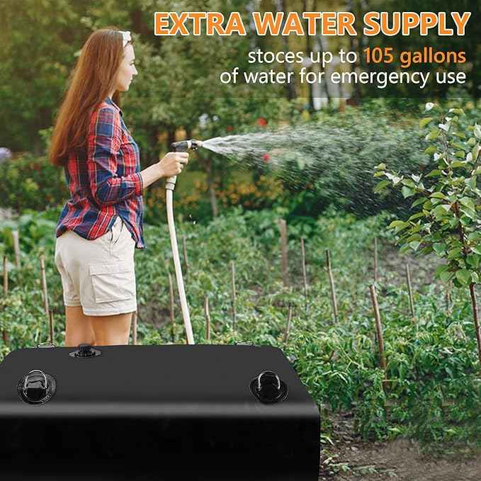 Portable Water Tank, 105 Gallon Foldable PVC Rectangular Black Water Storage Bladder with 3/4" Spigot and Hose Kit for Camping, Garden, Emergency Use