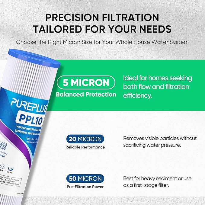 PUREPLUS 5 Micron 10"x2.5" Whole House Pleated Sediment Filter for Well Water, Replacement Cartridge for Universal 10 inch RO System, W50PE, WFPFC3002, SPC-25-1050, FM-50-975, 801-50, WB-50W, 4Pack
