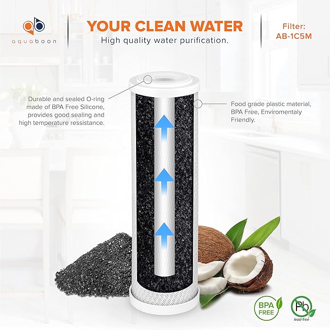 Aquaboon 5 Micron 10 x 2.5 Sediment, GAC, Carbon Filter Replacements Set of 3 Home Water Filters Cartridges Compatible with GAC-10, WHKF-GD05, WHWC