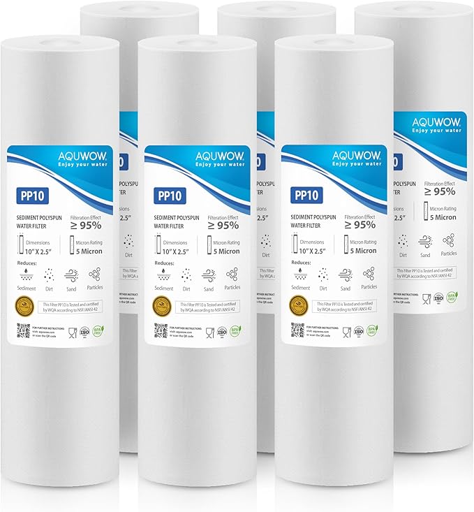 PP10 5 Micron 2.5" x 10" Filter Set – Sediment Replacement Cartridges for Whole House Water Filtration Systems, Universal Standard PP Filters (6, 10 x 2.5)