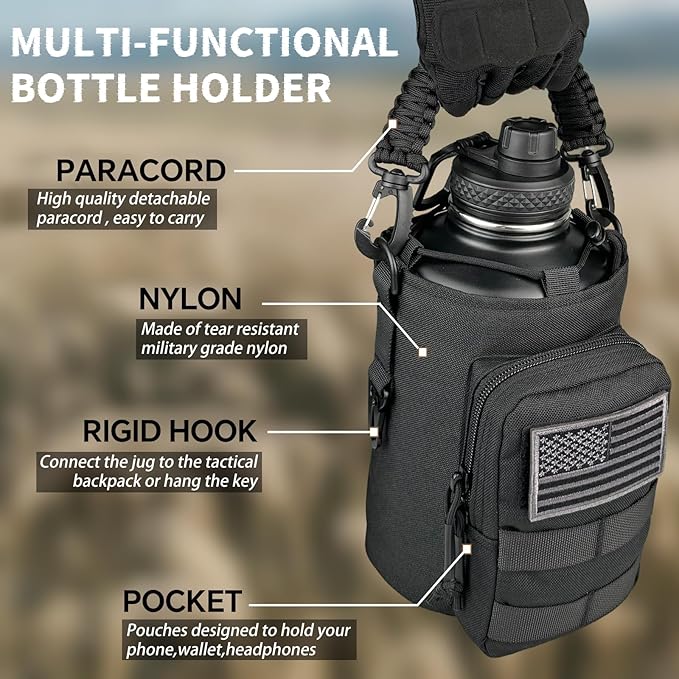 Half Gallon Water Bottle Insulated with Sleeve - Tactical 64 oz Stainless Steel Water Jug with MOLLE Water Bottle Pouch, Gym Water Bottles for Men Hiking Workout (Black)