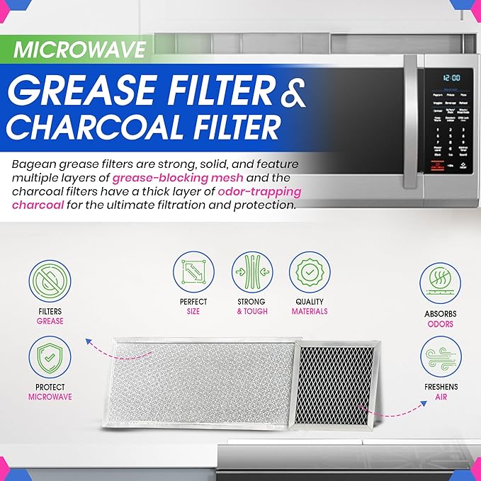 Bagean Grease Microwave Vent Filter W10208631A and Charcoal 8206230A Whirlpool Microwave Filter Replacement Combo Pack - Aluminum Mesh and Carbon Filters Refresh The Kitchen Stove Oven Air (1-Set)