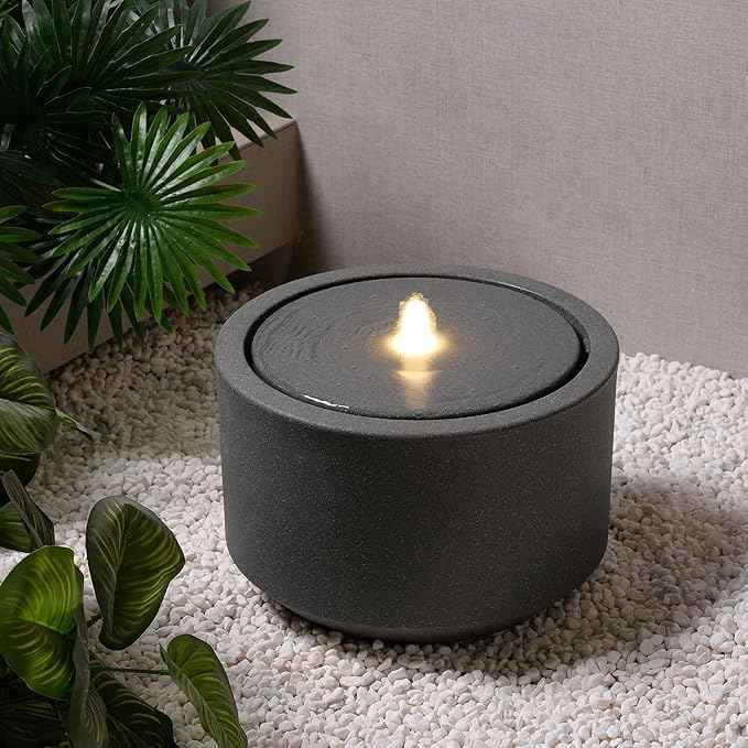 10.23” H Outdoor Water Fountain Made with Eco-Friendly Recyclable Materials, Polyethylene Round Bubbler Water Fountain Outdoor, Garden Decor with LED Light for Patio, Porch, Backyard