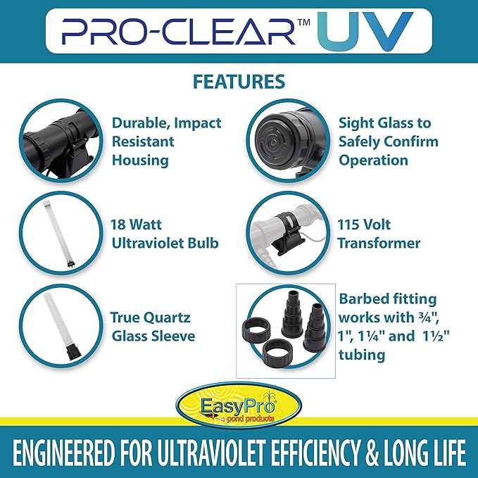 EasyPro PC18W PRO-Clear UV Clarifier / 18 Watt/Max. Flow Rate: 1800 GPH/Max/Pond: 2500 Gallons