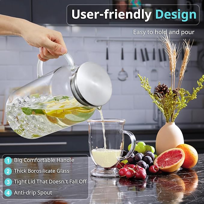 Bivvclaz 1 Gallon Glass Pitcher with Lid and Handle, Glass Water Pitcher for Fridge, Glass Carafe for Hot/Cold Water, Iced Tea Pitcher, Large Jug for Coffee, Juice and Homemade Beverage