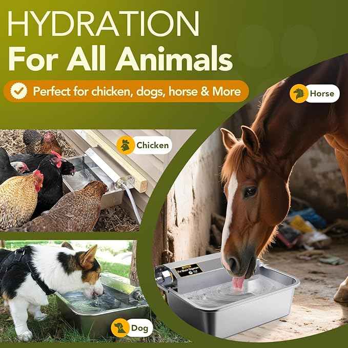 Automatic Water Dispenser for Dogs 2 Gallons, 304 Stainless Steel Dog Water Bowl Dispenser for Farm Chicken Pets Indoor&Outdoor Dog Waterer Feeder Fit 3/4'' GHT Faucet Auto Filling Wide Drinking Area