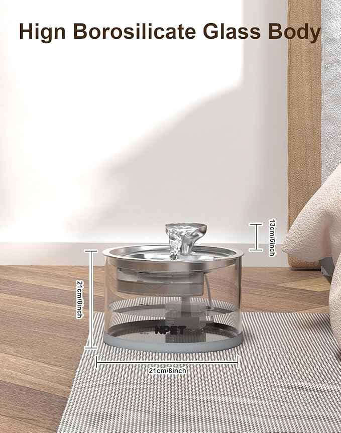 NPET N280 Glass Cat Water Fountain - 2.8L Automatic, Ultra-Quiet Pump with Stainless Steel Tray, Easy to Clean & Eco-Friendly for Cats and Dogs