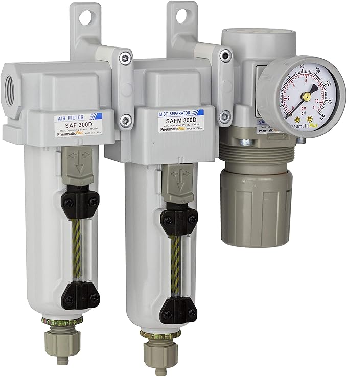PneumaticPlus SAU330-N03G-MEP Three Stage Compressed Air Drying System - Particulate Air Filter, Coalescing Filter, Air Pressure Regulator Combo 3/8