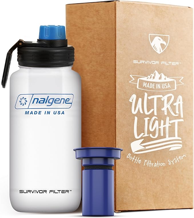 Survivor Filter Americana Ultra Light Filtered Water Bottle – 33.8 oz (1L) – Made in USA – Portable Water Bottle with Filter for Travel, Hiking, Gym & Everyday Use