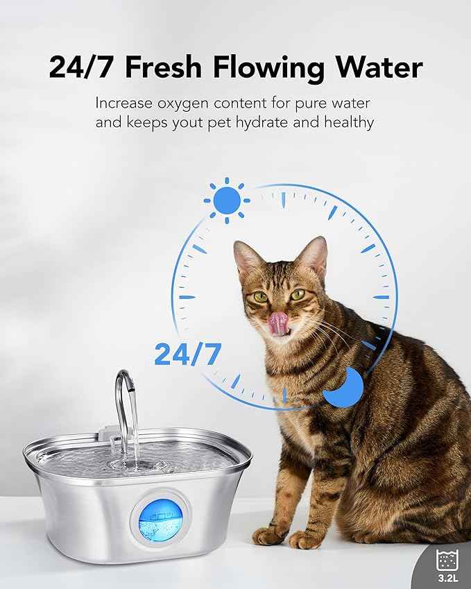 Cat Water Fountain with Water Level Window, HICC PULE 108oz/3.2L Stainless Steel Automatic Pet Water Fountain, Dishwasher Safe Dog Water Dispenser with Ultra-Quiet Pump, Multi-Filtration System