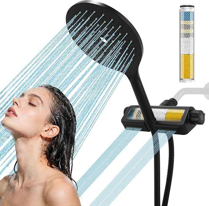 Handheld Shower Head with Filter High Pressure 2-in-1 Dual Spa System 7.5" Rainfall Filtered Showerhead Water Softener Filters for Hard Water 59" Stainless Steel Hose Matte Black