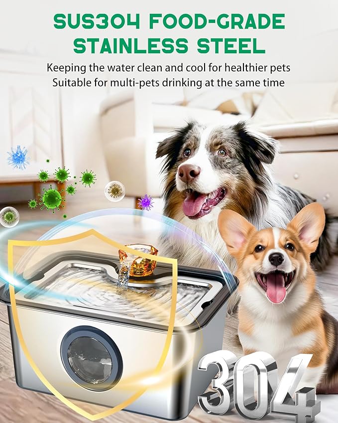 Pet Water Fountain Stainless Steel for Large Dogs, 12L/ 3 Gallon Automatic Pet Drinking Fountain for Multiple Pets SUS 304 Stainless Steel, with Large Filter and Quiet Pump, No Spill, BPA-Free,