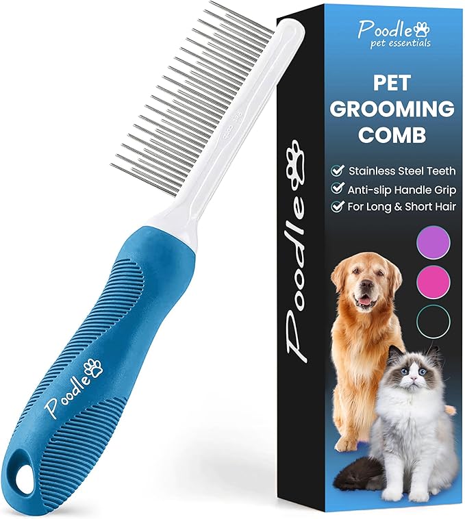 Poodle Grooming Comb - Metal Dematting Comb with Long & Short Stainless Steel Teeth for Removing Matted Hair & Knots, Safe and Gentle for Dogs & Cats - AquaVibe