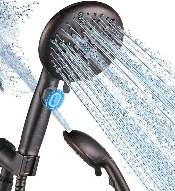 Cobbe High Pressure Shower Head with Built-in Pause Button, 9-Function Detachable Showerhead with Handheld Brass Swivel Bracket & Stainless Steel Hose, Water Saving 1-Click Stop,Oil Rubbed Bronze