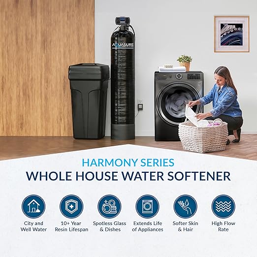 Aquasure Harmony Series 50,000 Grains Whole House Water Softener with Automatic Digital Metered Control Head | Fine Mesh Resin for Iron Removal, Reduces Hardness & Improves Water | for 3-4 bathrooms