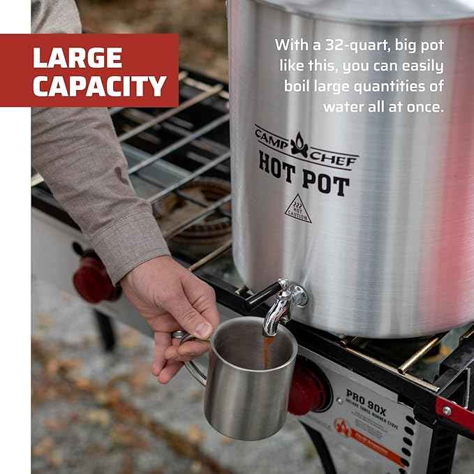 Camp Chef Aluminum Hot Water Pot - for Hot Chocolate & Hot Apple Cider - Hot Water Storage with a Spigot for Dishes - Easy-to-Serve Hot Beverage Dispenser - 32 Quart Pot - About 120 Servings