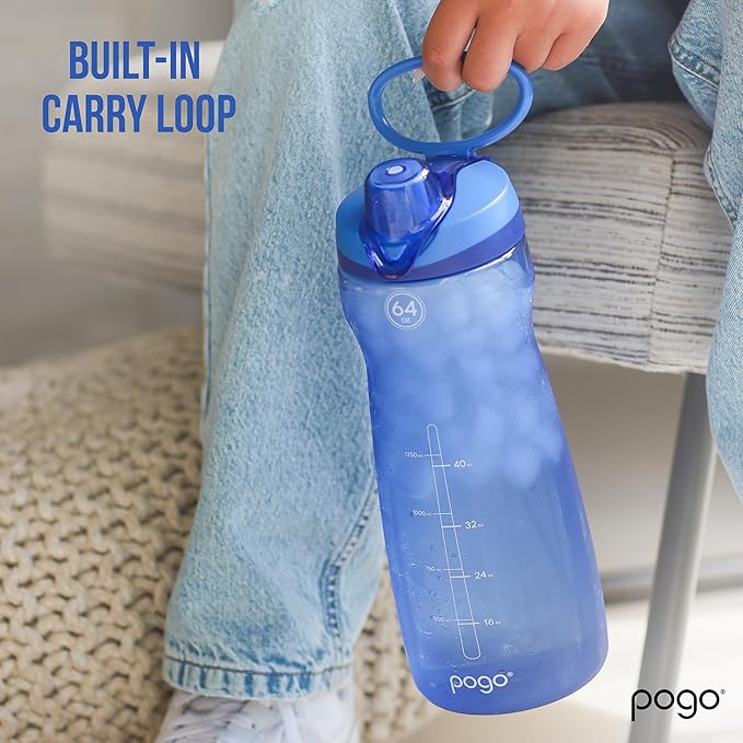 Pogo 64oz Plastic Water Bottle with Leak-Proof Chug Lid and Carry Handle, Reusable, BPA Free, Capacity Markings, Dishwasher Safe, Perfect for Travel, School, Outdoors, and Gym, Fuchsia