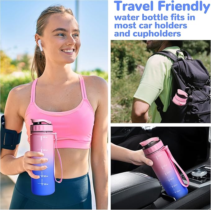 Large Water Bottle with Motivational Time Marker, Water Jug with Handle, Clear Sport Bottle for Gym Camping Workout Outdoors (22oz Pink)