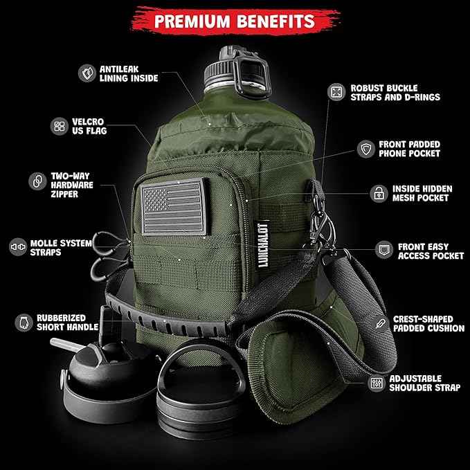 1 Gallon Water Jug - Insulated Stainless Steel Water Bottle with Carry Bag & Straw Lids - 128 Oz Large Capacity, Keep Cold & Hot, Green Tactical Design