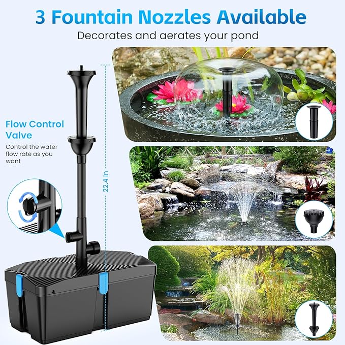 Pond Filters for Outdoor Ponds, 820 GPH Pond Filter with Fountain Pump Kits, 60W Pond Pump and Filter Kit for Koi Pond Clean, Garden Fountains, Waterfall