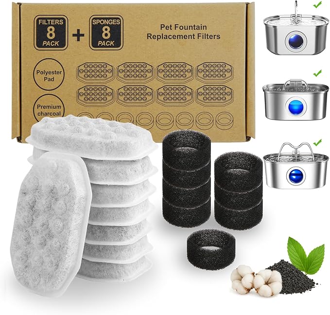 16 PCS Cat Water Fountain Filter for 108oz/3.2L Stainless Steel Dispensers – 8 Pack Replacement Filters for Pet Fountains – 8 Carbon + 8 Sponge – Improves Water Quality & Reduces Odors