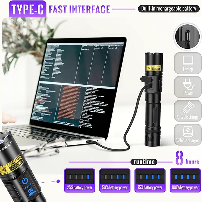 DARKBEAM UV Flashlight Blacklight 395nm Black Light, High Lumens LED Flashlights USB Rechargeable Super Bright for Camping, Powerful Woods Lamp Pet Urine, Uranium Glass Detector, Resin Curing