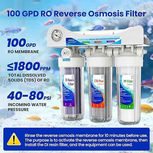 4 Stage Reverse Osmosis Deionization Water Fliter System, with Pressure Gauge and Deionization Water Filter, RO/DI Water Filtration System with Flushing Valve，100 GPD
