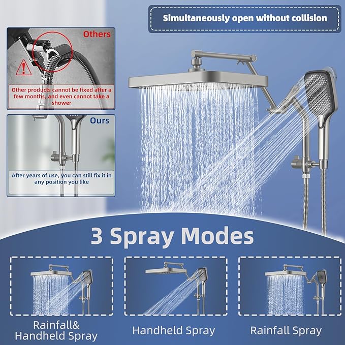 14" High Pressure Rain/Rainfall Shower Heads With Handheld Spray Combo (3+1 Settings & Built-in Power Wash Mode), Double/Dual Shower Head With Handheld - Height/Angle Adjustable(Brushed Nickel)