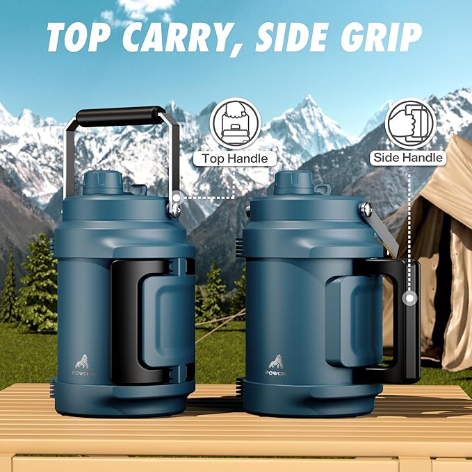 Half Gallon Water Jug for Men: 2-in-1 Straw Spout Lid, Dual Handle, Leakproof, Keep Cold 48H, 64 oz Insulated Water Bottle for Outdoors, Travel, Gym, Trip, Workout, Daily, Hydration, Picnic (Deepsea)