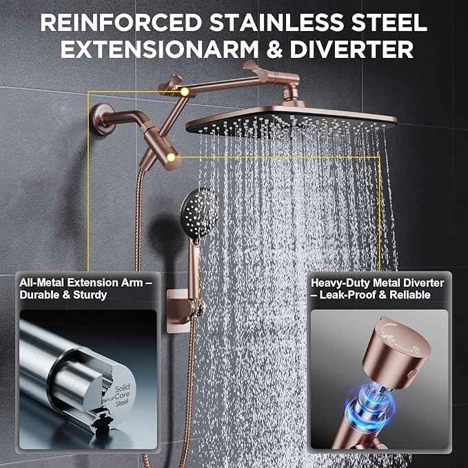 Veken 11.8" Rain Shower Head with Handheld, High Pressure Handheld Shower with Multi Spray Modes, Rainfall Combo with Metal Extension Arm, Detachable Dual Showerhead, Bathroom Decor, Rose Gold