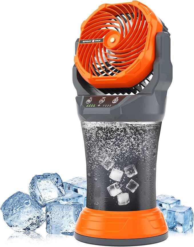 AVV Portable Misting Fan with RGB Ambient Light- 2L Water Tank, 4 Speeds & Spray Mist Fan, 30000mAh Rechargeable Misting Fans for Outdoor/Indoor Fans for Camping, Patio, Garden, Grey-Orange