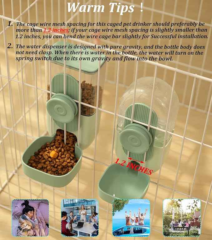 Kenond 35oz Hanging Automatic Pet Food Water Dispenser, Auto Gravity Pet Feeder and Waterer Set, Cage Cat Food Bowl Dog Feeding Station for Puppy and Kitten Rabbit Chinchilla Hedgehog Ferret (Green)