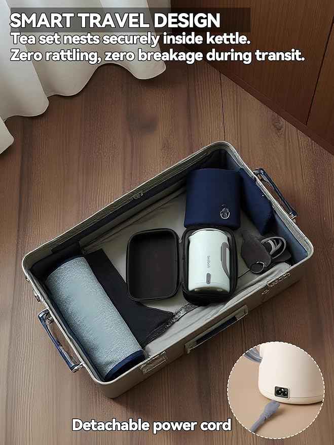 Complete Travel Tea Set with Mini Electric Kettle 0.6L, Hardshell Case for Portable Travel Hot Water Boiler, Teapot with Strainer, Cups and Protect Bag for Home, Office, and Camping Green