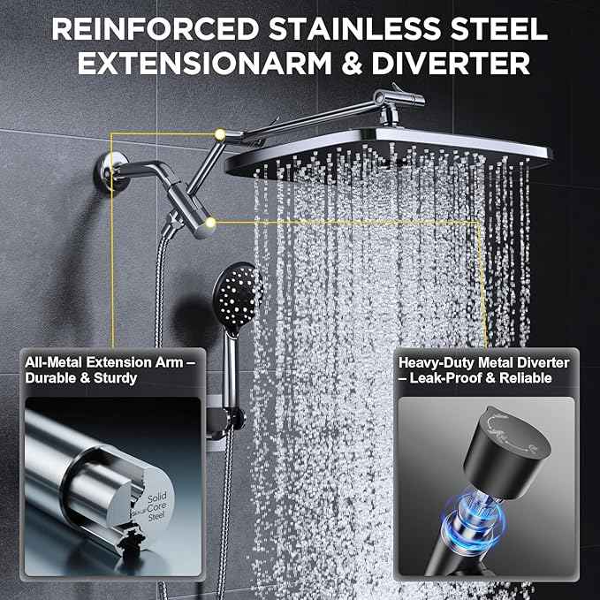 Veken 14" Wide Rain Shower Head with Handheld, High Pressure Handheld Shower Heads with Multi Spray Modes, Rainfall Combo with Metal Extension Arm,Detachable Dual Shower, Extra Long Hose,Silver Chrome