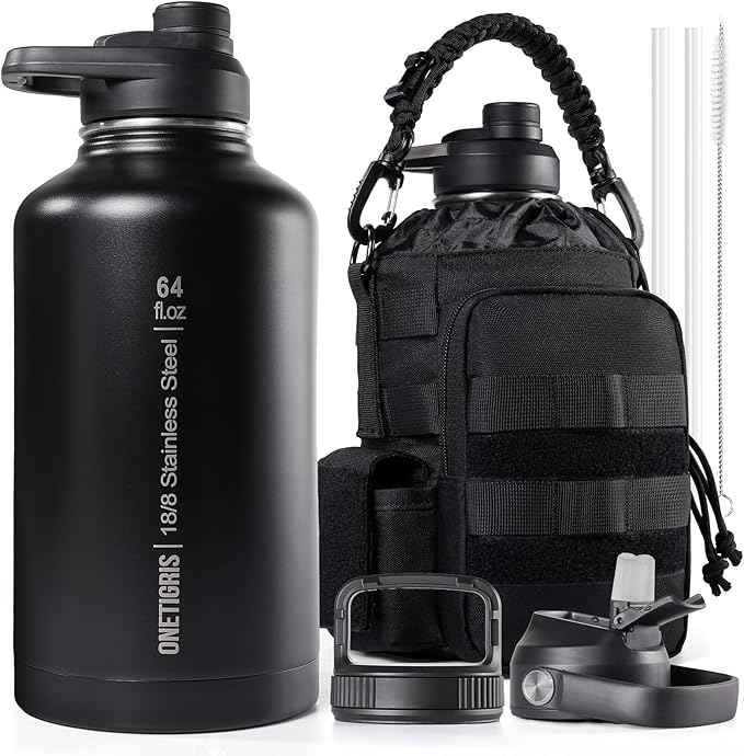ONETIGRIS Tactical Half Gallon Water Bottle with Straw - 64 oz Vacuum Insulated Stainless Steel Water Jug, Leakproof Sport Bottle with 3 BPA Free Lids, Paracord Handle & MOLLE Water Pouch for Outdoor